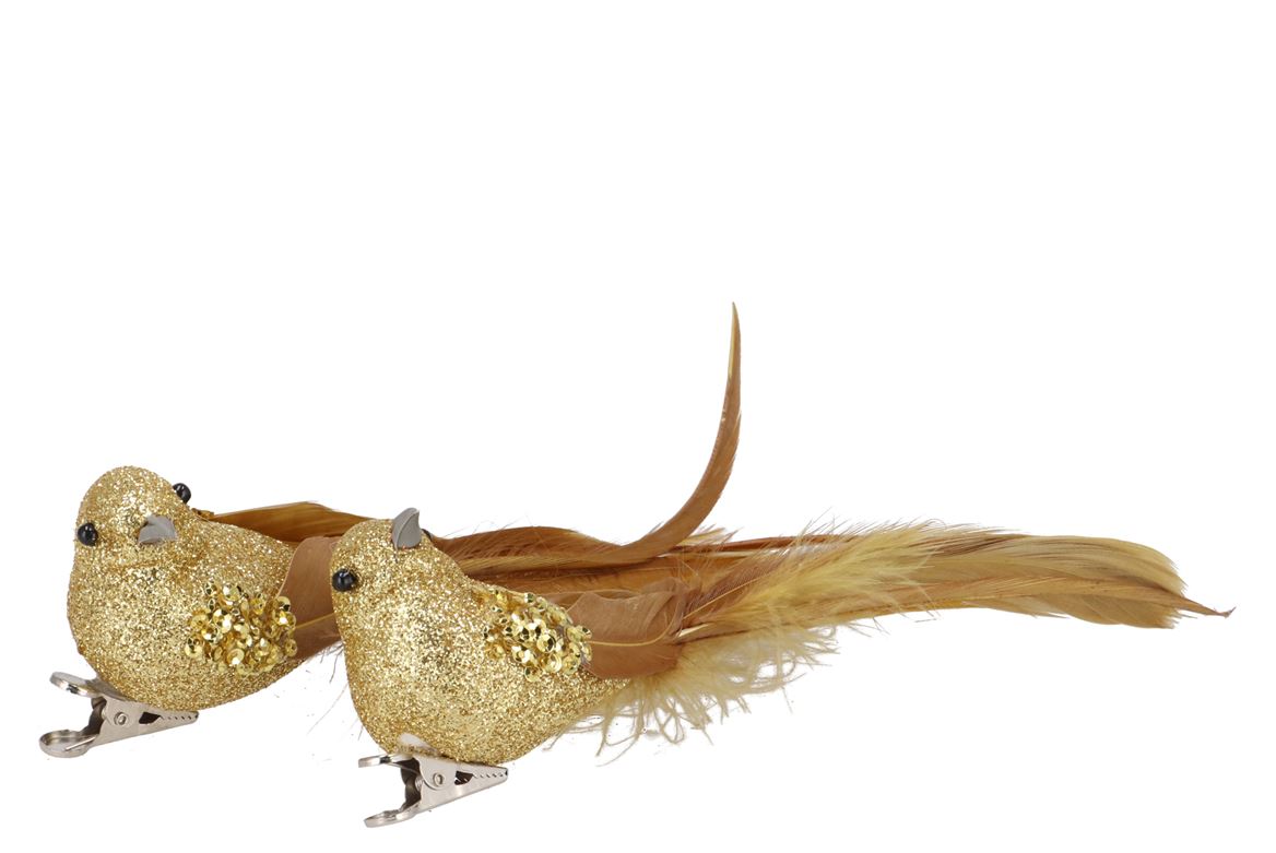 Deco Shine Bird Clip Cozy Gold 16cm P/2