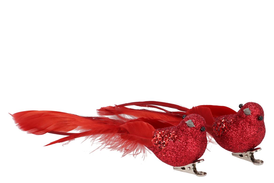 Deco Shine Bird Clip Jolly Red 16cm P/2